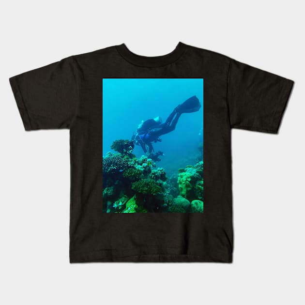 scuba diving in the coral reef Kids T-Shirt by likbatonboot